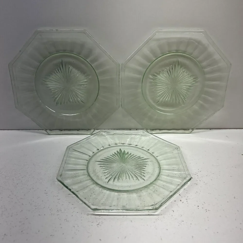 Lot Of 3 - Vintage Bundle Heisey Green Uranium Glass Octagon‎ Shaped 7